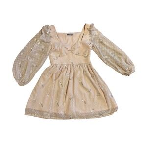 Lichi Pink Floral Swiss Dot Puff Sleeve Sweetheart Mini‎ Dress S Made in Italy